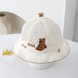 Detail of baby summer mesh sun hat featuring cute bear embroidery and 3D paw decoration