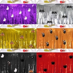 Halloween PET Foil Tinsel Table Skirt Ghost Bat Pumpkin Spider Skeleton Stickers Festive Metal Fringe Desk Curtain Party Decor