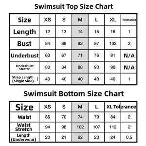 Detailed size chart for two-piece solid color bikini with measurements from XS to XL