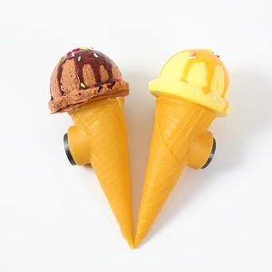 Realistic chocolate and lemon ice cream cone fridge magnets with syrup details and magnetic back