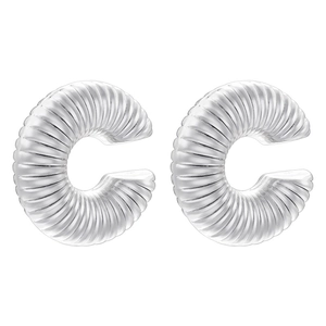 Macro detail of vintage textured C-shape silver earrings with pleated surface texture