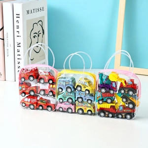 6-piece kids friction powered toy car set in a clear carry bag with diverse vehicles