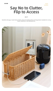 Detail of faux rattan cord organizer box showing side outlet holes and woven texture