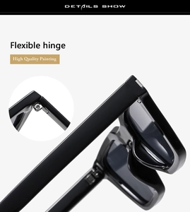 Detail show of flexible metal hinges and high quality black painting on sunglasses