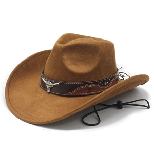 Cappello da cowboy classico marrone in pelle scamosciata con emblema testa di toro