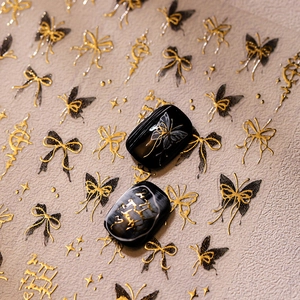 Stickers Ongles Relief Papillon Noeud Design Noir Or Bronzage Ultra Mince Autocollant Décoration Manucure