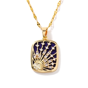 Elegant gold necklace with square blue starburst pendant and sparkling zircon stones