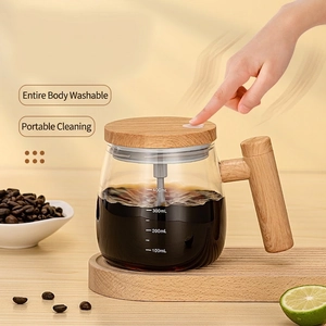 Automatic Stirring Coffee Mug Borosilicate Glass Electric Mixing Cup With Wood Grain Handle Lid Portable Rechargeable Office