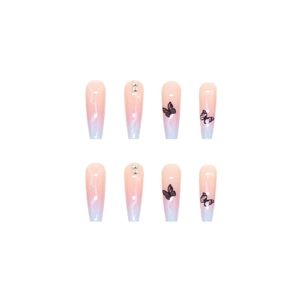Long coffin gradient press-on nails with marble texture, butterfly prints and rhinestones