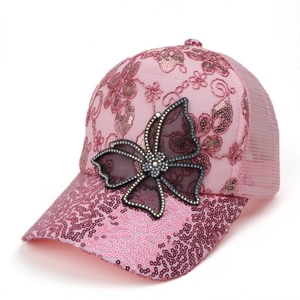 Pink sequin baseball cap with a large bow, floral embroidery and breathable mesh back