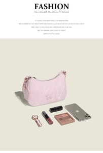 Pink shoulder bag featuring embossed butterfly design with daily essentials displayed