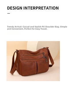 Detail view of a vintage dark brown PU leather crossbody bag with multi-zipper pockets