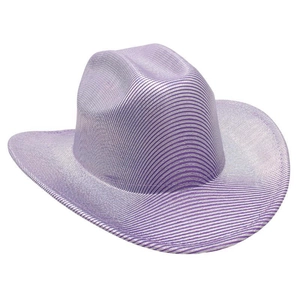 Detail of glittery purple and silver striped cowboy hat with a high crown and curved brim