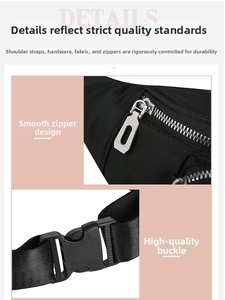 Close-up of durable smooth metal zipper and secure plastic buckle on black waist bag