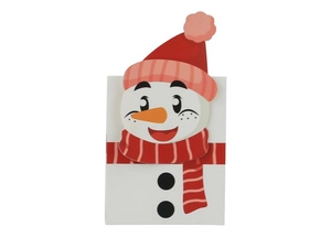 Detailed view of a Christmas gift box featuring a cute red and white snowman cartoon design