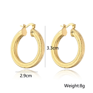 Textured geometric round hoop earrings in 18K gold plated copper with size and weight specs