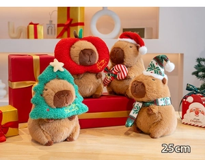 Detailed view of four festive capybara plush toys in 25cm size with Christmas accessories