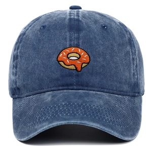 Washed dark blue cotton baseball cap with embroidered donut pattern for outdoor casual wear
