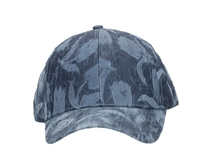 Detail of navy blue baseball cap featuring unique 3D embossed floral marble texture