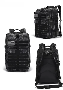Three views of black python camouflage tactical backpack with MOLLE system and flag patch