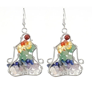 Yoga Meditation Pose Dangle Earrings Handmade Wire Wrapped Natural Crushed Stone Crystal Bohemian Vintage Healing Jewelry
