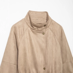 High-neck suede midi jacket for women with vintage metal buttons in camel brown color