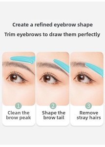 Three-step guide showing portable eyebrow razor trimming brow peak, tail and excess hair