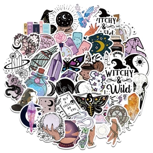 Collage of mystical witchy stickers featuring crystals, tarot cards and bohemian icons