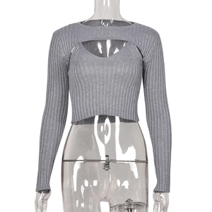 Detail of grey cropped knitted top featuring delicate vertical ribbed texture and slim fit