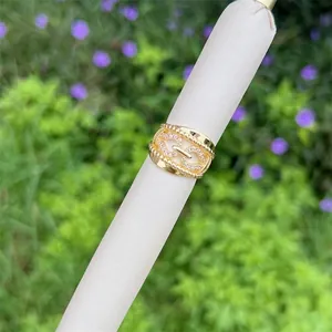 Adjustable 18K gold plated ring with chain link design and micro-pave cubic zirconia