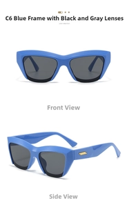 Front and side view of cat eye blue frames with gray lenses and gold accents