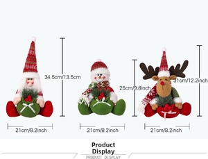 Detail view of Santa Claus, Snowman, and Reindeer plush dolls with size measurements