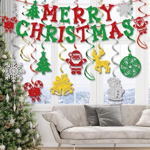 Glittery Merry Christmas banner set with reindeer and tree ornaments for home holiday decor