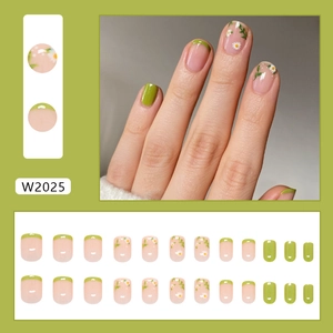 French tip press on nails with daisy designs and green color palette, 24 piece set