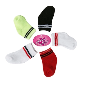Five pairs of striped 18-inch doll socks in black, white, red, and neon green colors