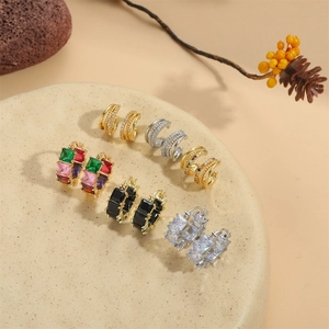 Square Zircon Hoop Earrings Copper Geometric Minimalist Multi Layer Huggie Earrings For Women