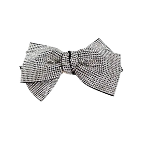 Sparkling crystal bow spring hair clip with silver rhinestones on black fabric base