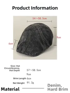 Size chart for washed denim newsboy cap showing head circumference and brim dimensions