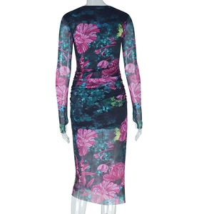 Detail of sheer mesh dress featuring floral print and back ruching for a slim fit