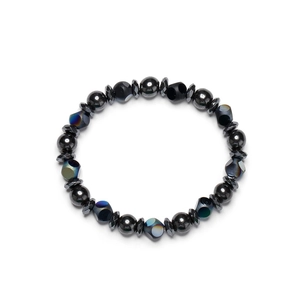 Bracciale elastico con perle di ematite lucida, nero opaco e perle sfaccettate dai riflessi iridescenti