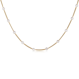 Close-up of a gold choker necklace featuring eleven evenly spaced white round pearls