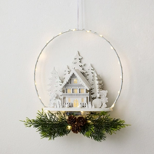 LED Christmas Wooden Hanging Ornament White Laser Cut Castle Elk Snowman Light Up Wall Door Decor Nordic Style
