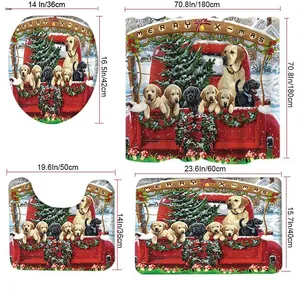 Detailed size chart for Christmas shower curtain set including rug and toilet lid cover