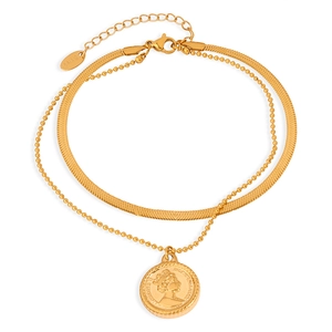 Double-layered gold plated stainless steel coin pendant anklet with snake chain detail