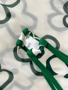 Détail macro d'une boucle en métal en forme de cœur sur bikini avec sangle verte