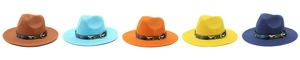 Row of straw sun hats in five colors with ethnic style woven bands and metal buckles