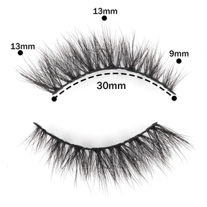 Detailed measurement view of black false eyelashes showing 13mm length and 30mm width