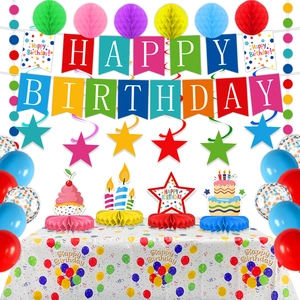 Detailed view of Happy Birthday party set with colorful banners and paper honeycombs