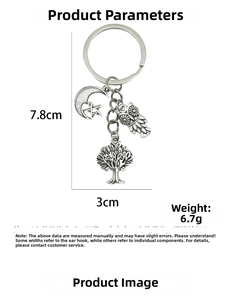 Detailed view of silver tree of life keychain with size specs 7.8cm by 3.0cm