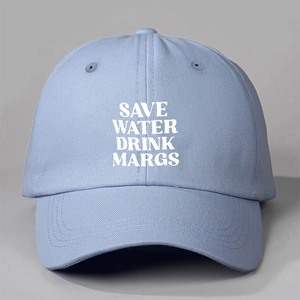 Light blue cotton baseball cap with Save Water Drink Margs slogan print and adjustable strap